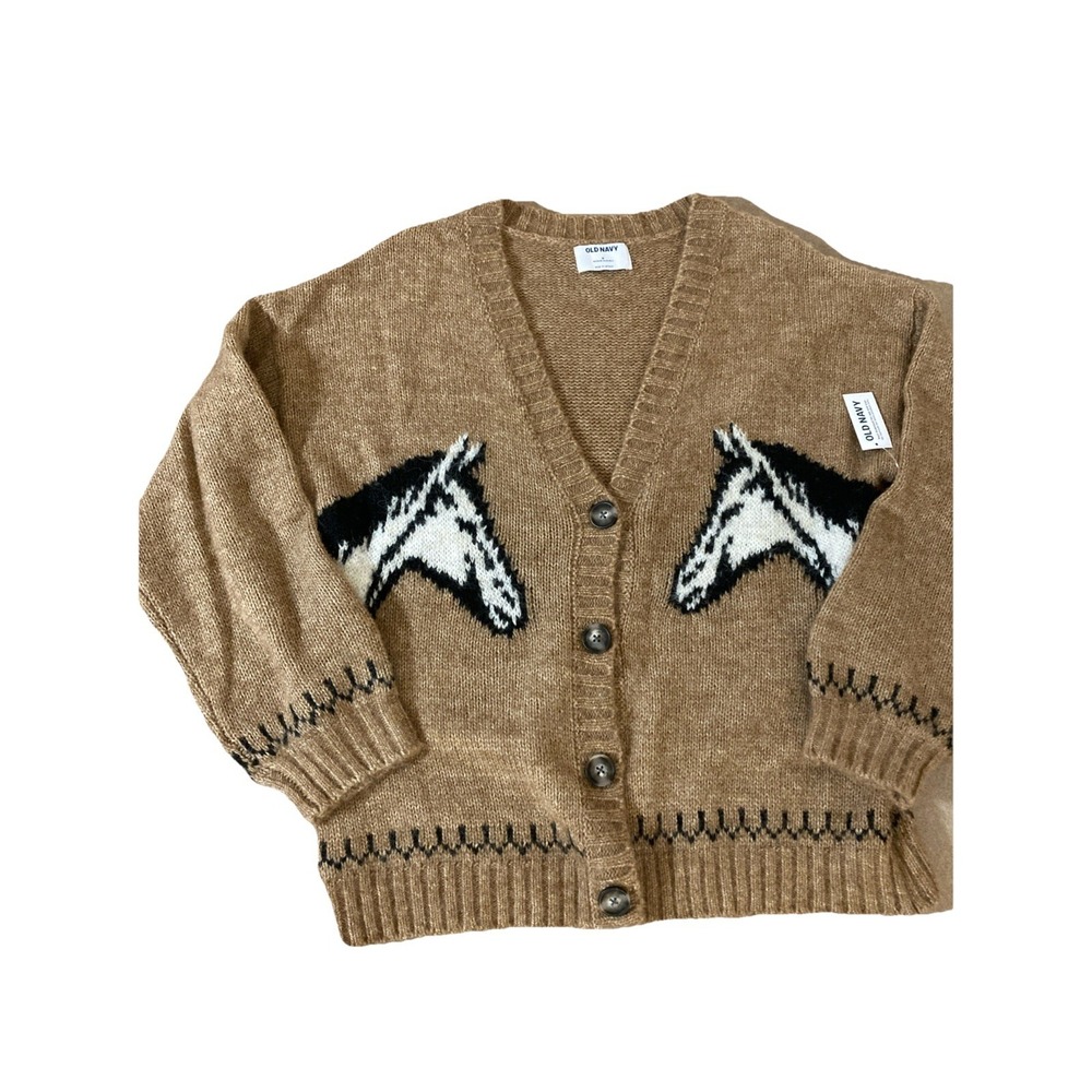 Old Navy Wool Blend Horse Cardigan Sz M New Viral Brown Equestrian Western - Picture 2 of 8